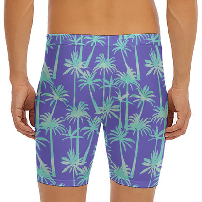 Teal Palm Tree Pattern Print Men's Long Boxer Briefs