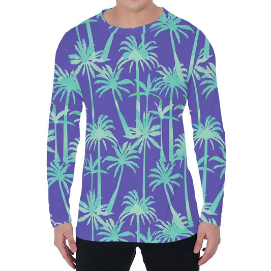 Teal Palm Tree Pattern Print Men's Long Sleeve T-Shirt