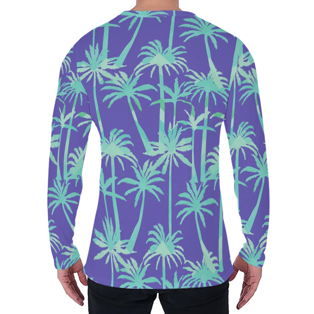 Teal Palm Tree Pattern Print Men's Long Sleeve T-Shirt