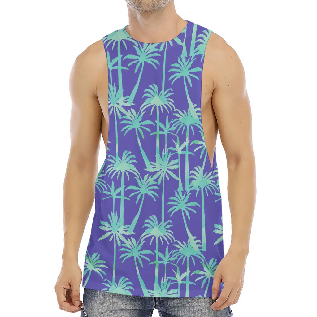 Teal Palm Tree Pattern Print Men's Muscle Tank Top