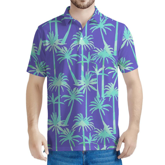 Teal Palm Tree Pattern Print Men's Polo Shirt