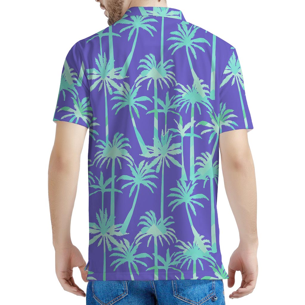 Teal Palm Tree Pattern Print Men's Polo Shirt