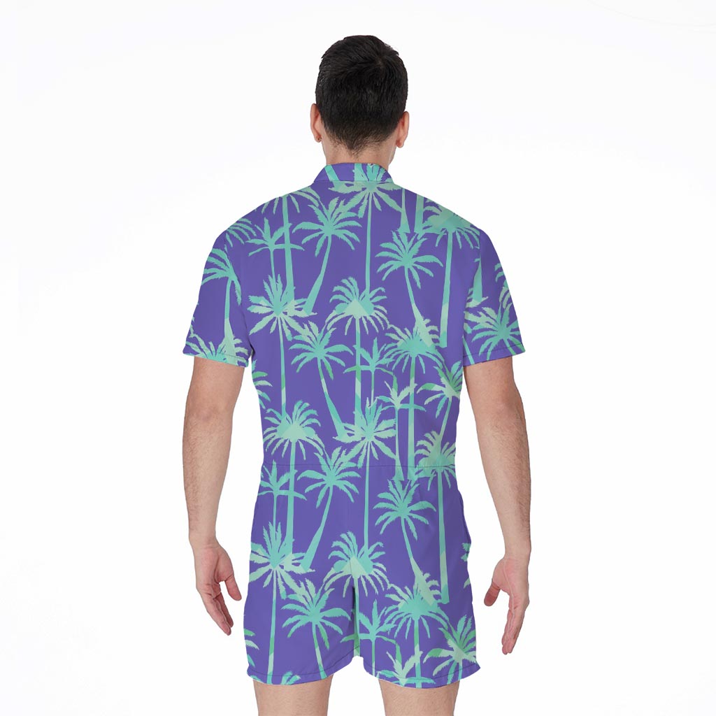 Teal Palm Tree Pattern Print Men's Rompers