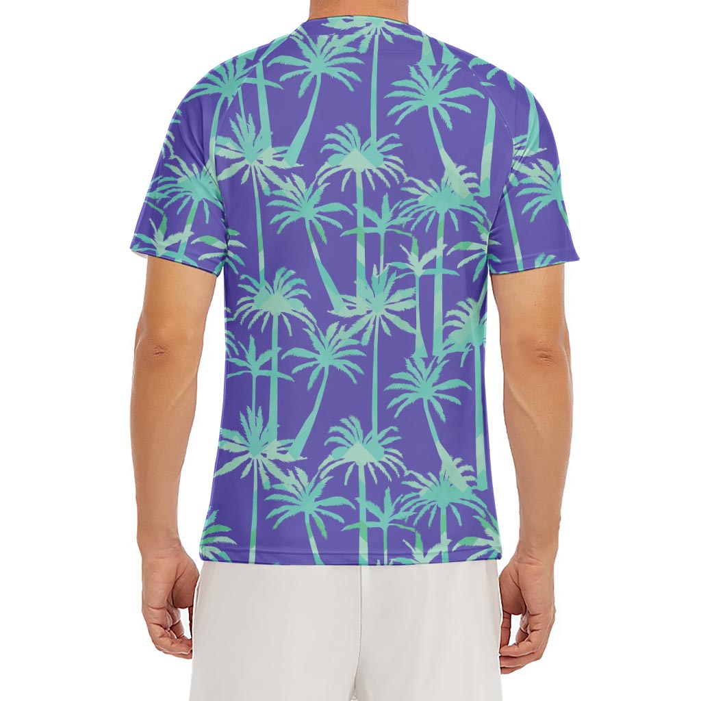 Teal Palm Tree Pattern Print Men's Short Sleeve Rash Guard