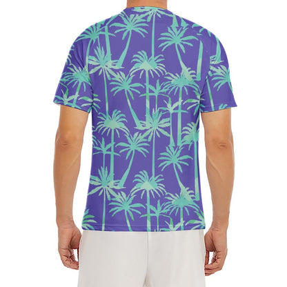 Teal Palm Tree Pattern Print Men's Short Sleeve Rash Guard