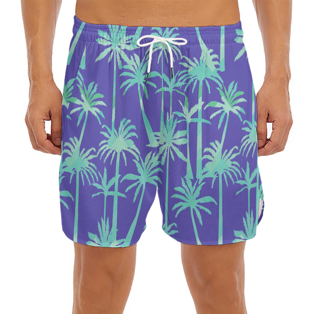 Teal Palm Tree Pattern Print Men's Split Running Shorts