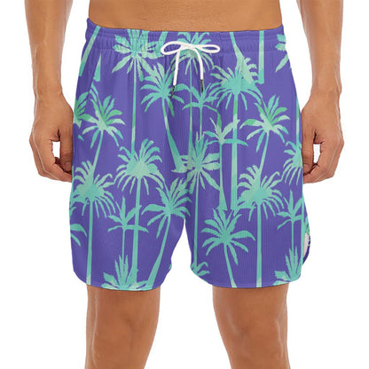 Teal Palm Tree Pattern Print Men's Split Running Shorts
