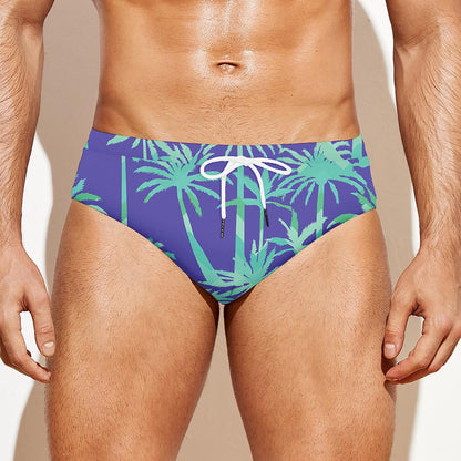 Teal Palm Tree Pattern Print Men's Swim Briefs