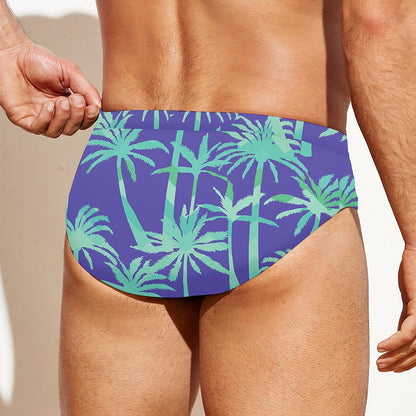 Teal Palm Tree Pattern Print Men's Swim Briefs