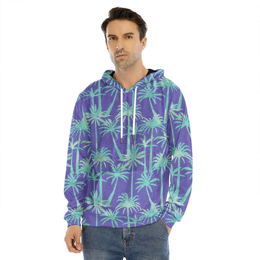 Teal Palm Tree Pattern Print Men's Velvet Pullover Hoodie