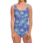 Teal Palm Tree Pattern Print One Piece Swimsuit