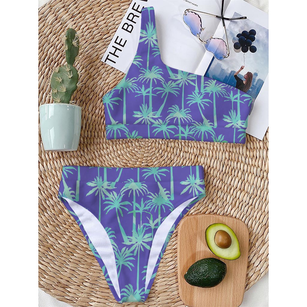Teal Palm Tree Pattern Print One Shoulder Bikini Top