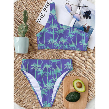 Teal Palm Tree Pattern Print One Shoulder Bikini Top