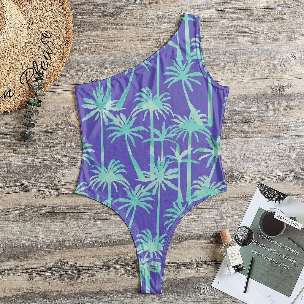 Teal Palm Tree Pattern Print One Shoulder Bodysuit