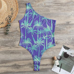 Teal Palm Tree Pattern Print One Shoulder Bodysuit