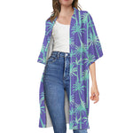 Teal Palm Tree Pattern Print Open Front Beach Cover Up