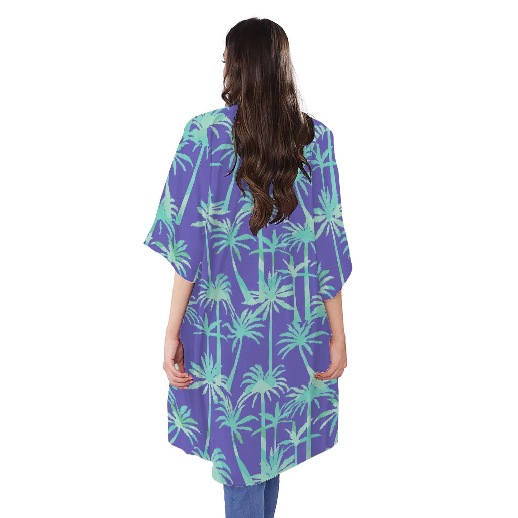 Teal Palm Tree Pattern Print Open Front Beach Cover Up
