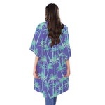 Teal Palm Tree Pattern Print Open Front Beach Cover Up