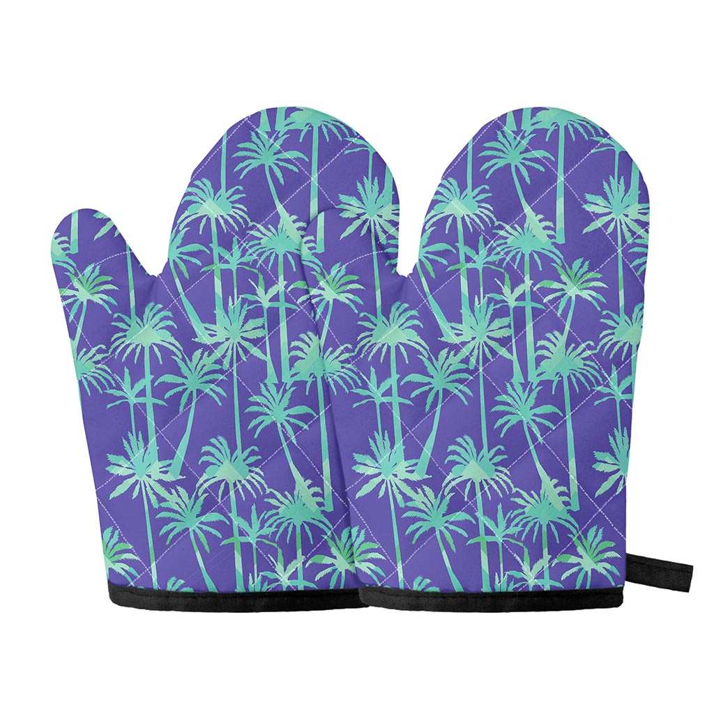 Teal Palm Tree Pattern Print Oven Mitts