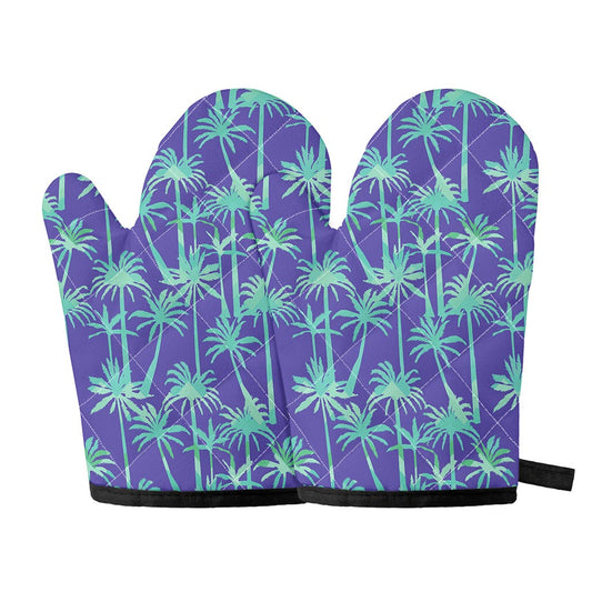 Teal Palm Tree Pattern Print Oven Mitts