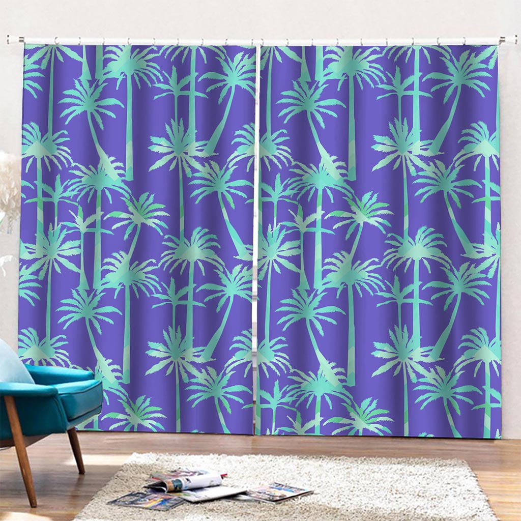 Teal Palm Tree Pattern Print Pencil Pleat Curtains