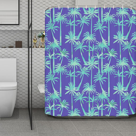 Teal Palm Tree Pattern Print Polyester Shower Curtain