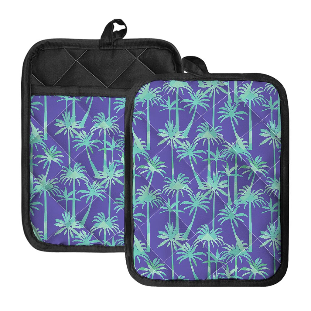 Teal Palm Tree Pattern Print Pot Holders With Pocket
