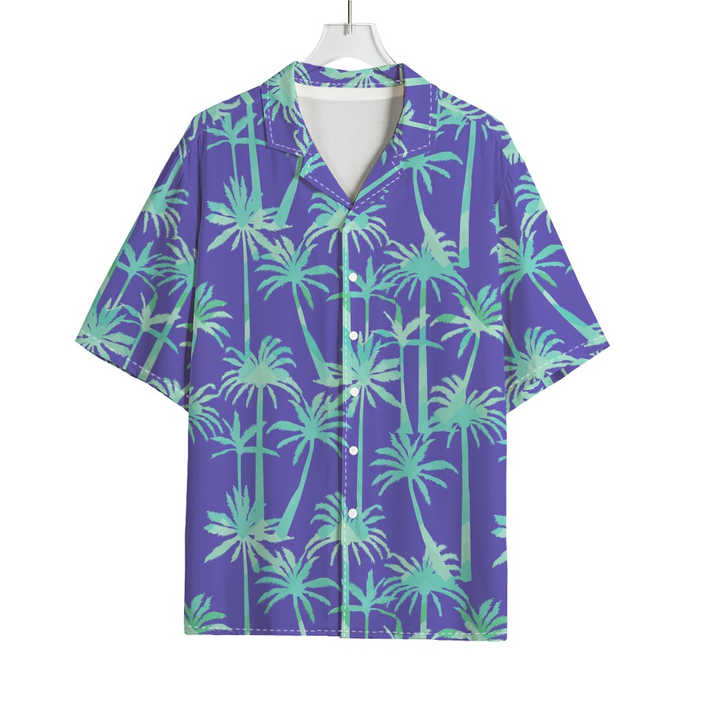 Teal Palm Tree Pattern Print Rayon Hawaiian Shirt