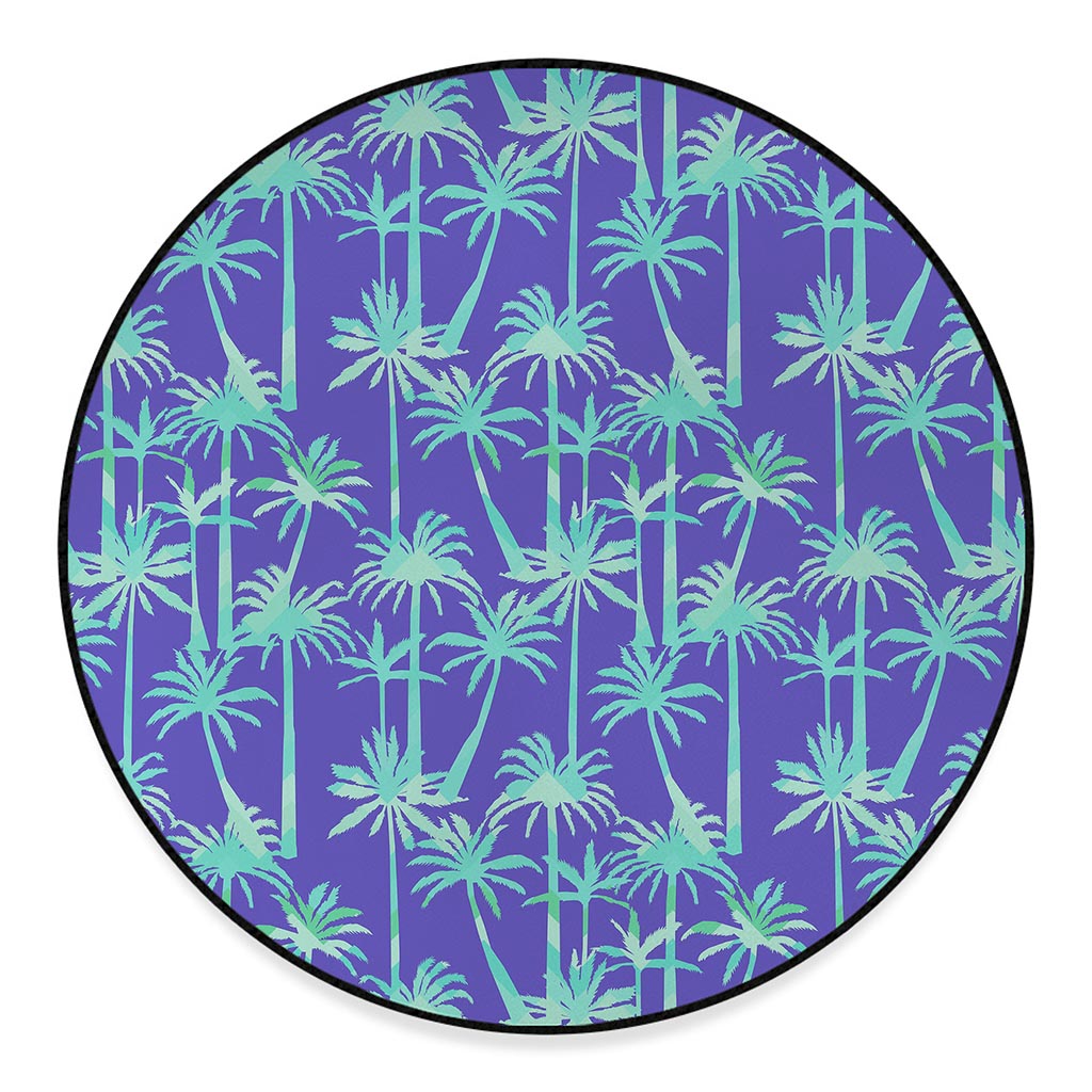 Teal Palm Tree Pattern Print Round Floor Mat