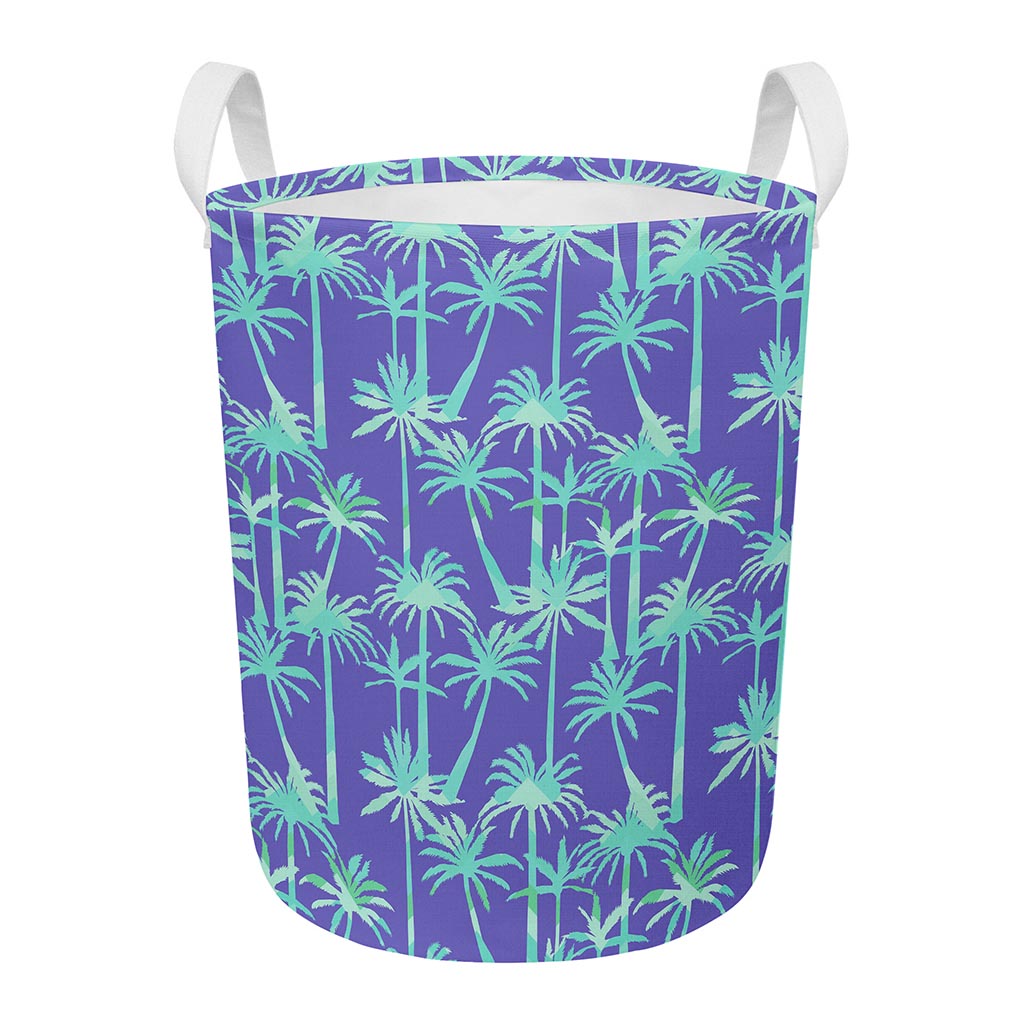 Teal Palm Tree Pattern Print Round Laundry Basket