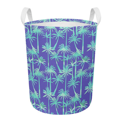 Teal Palm Tree Pattern Print Round Laundry Basket
