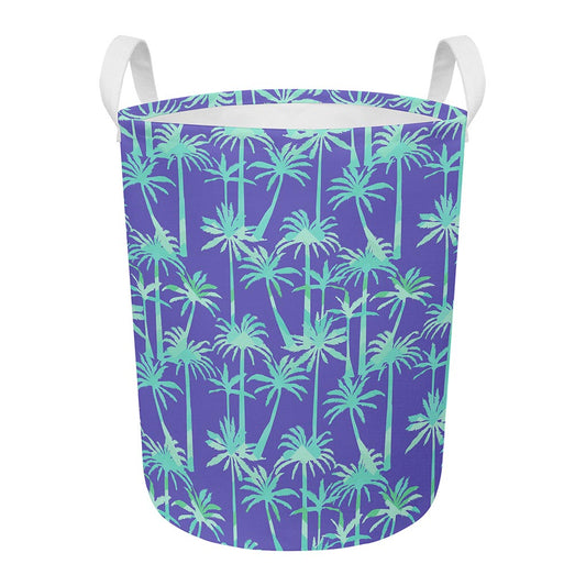 Teal Palm Tree Pattern Print Round Laundry Basket