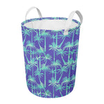 Teal Palm Tree Pattern Print Round Laundry Basket