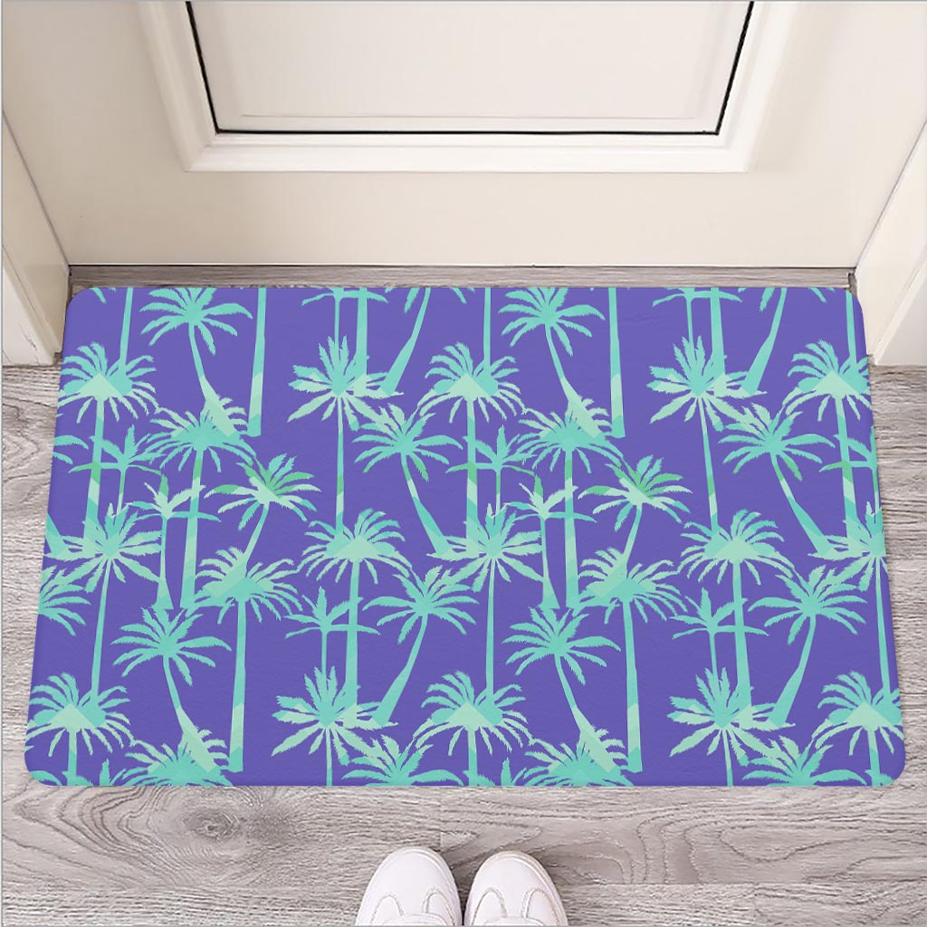 Teal Palm Tree Pattern Print Rubber Doormat