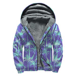 Teal Palm Tree Pattern Print Sherpa Lined Zip Up Hoodie