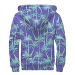 Teal Palm Tree Pattern Print Sherpa Lined Zip Up Hoodie