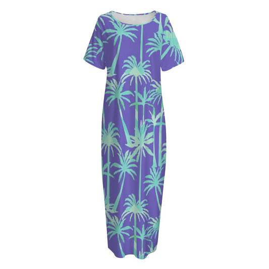 Teal Palm Tree Pattern Print Short Sleeve Long Nightdress