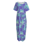 Teal Palm Tree Pattern Print Short Sleeve Long Nightdress