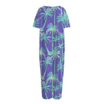 Teal Palm Tree Pattern Print Short Sleeve Long Nightdress