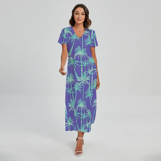 Teal Palm Tree Pattern Print Short Sleeve Maxi Dress