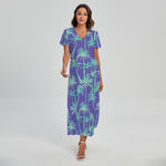 Teal Palm Tree Pattern Print Short Sleeve Maxi Dress