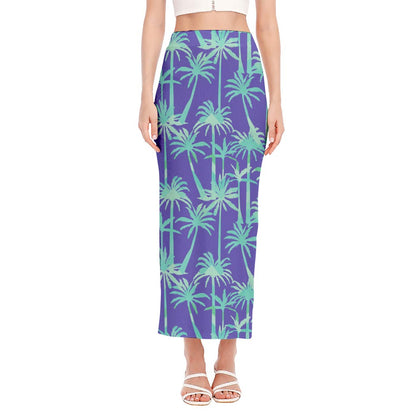 Teal Palm Tree Pattern Print Side Slit Maxi Skirt