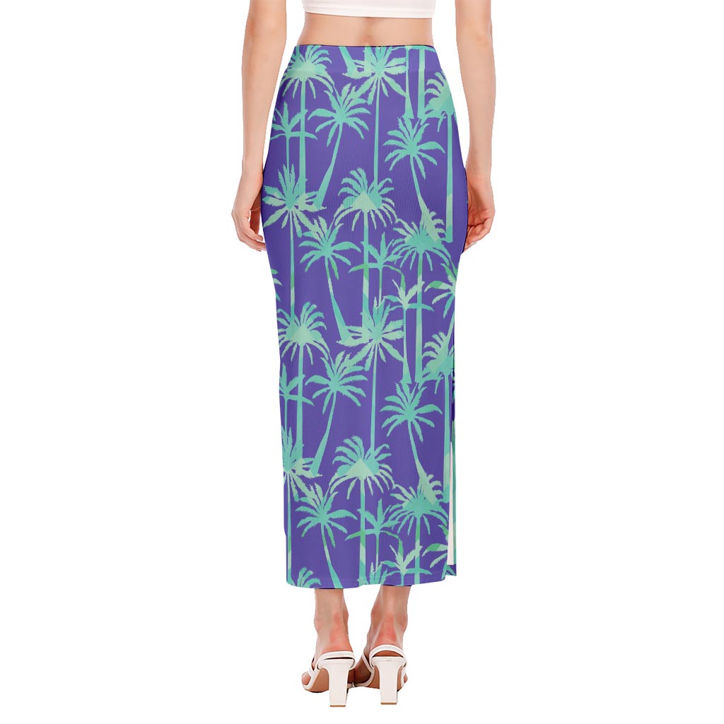 Teal Palm Tree Pattern Print Side Slit Maxi Skirt