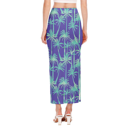 Teal Palm Tree Pattern Print Side Slit Maxi Skirt