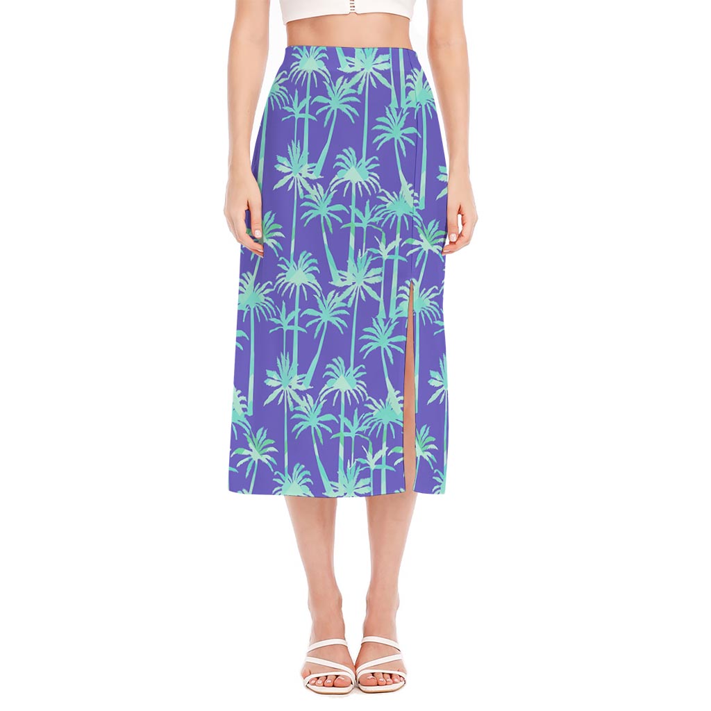 Teal Palm Tree Pattern Print Side Slit Midi Skirt
