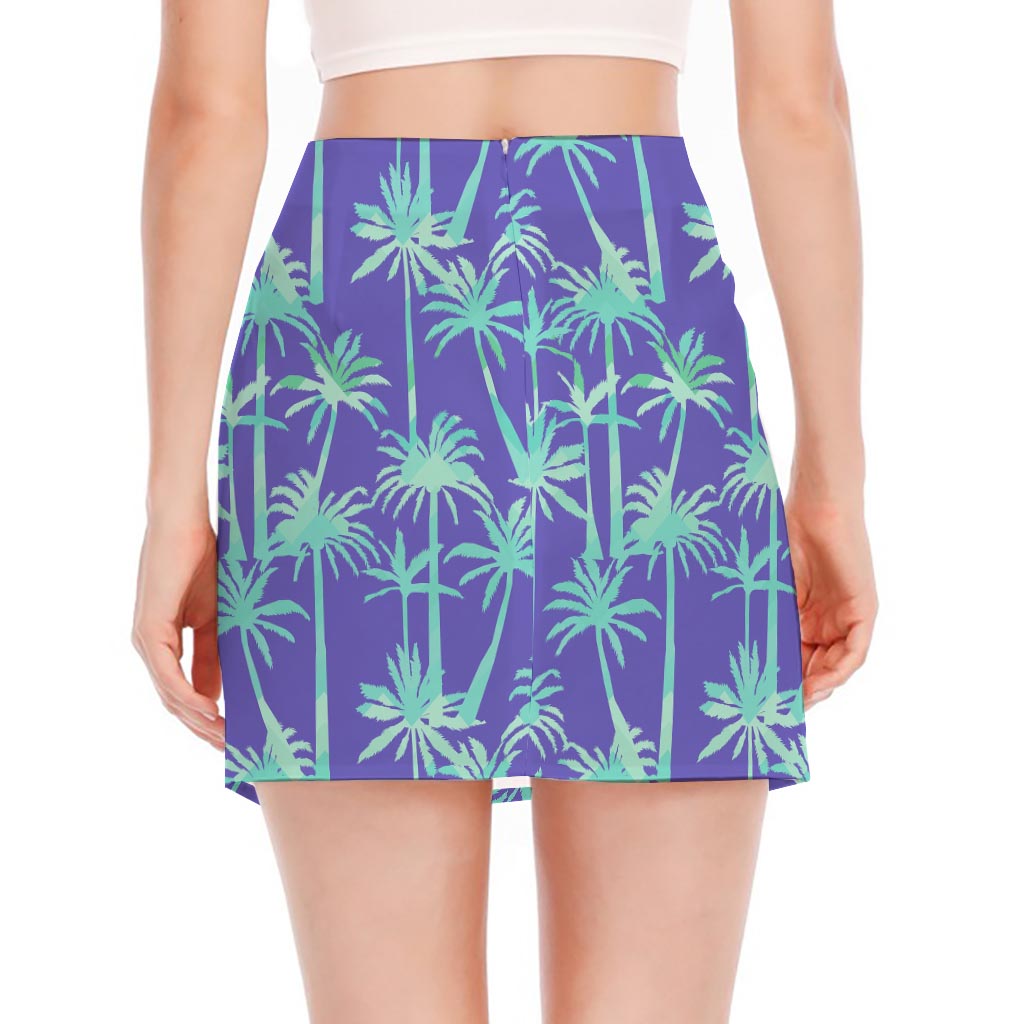 Teal Palm Tree Pattern Print Side Slit Mini Skirt
