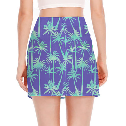 Teal Palm Tree Pattern Print Side Slit Mini Skirt