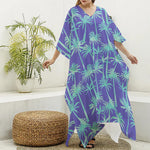 Teal Palm Tree Pattern Print Silk V-Neck Kaftan Dress