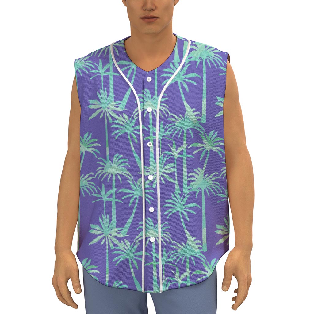 Teal Palm Tree Pattern Print Sleeveless Baseball Jersey