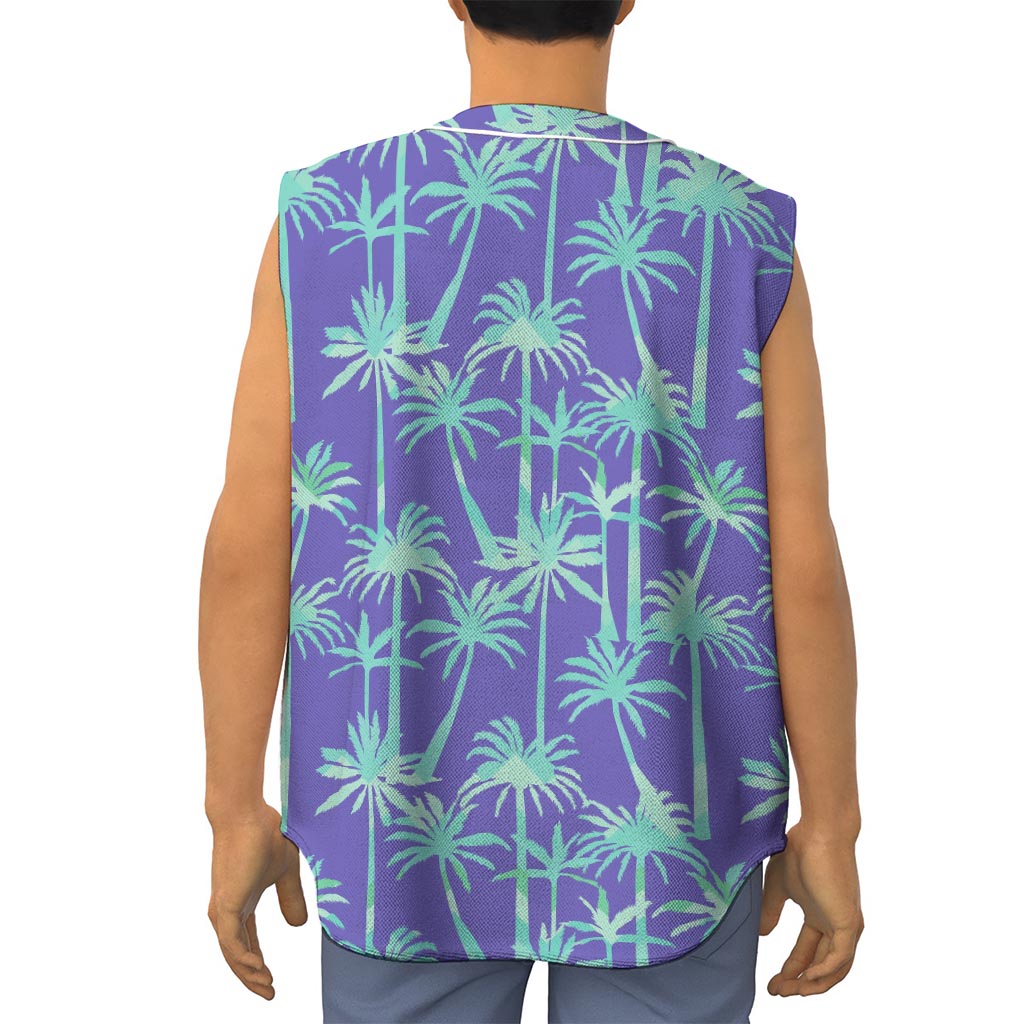 Teal Palm Tree Pattern Print Sleeveless Baseball Jersey